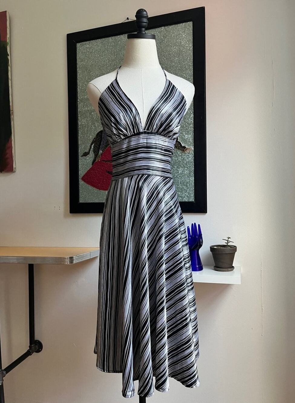Y2K Satin Halter Dress | Black White Striped | Fit Flare Party Dress | M